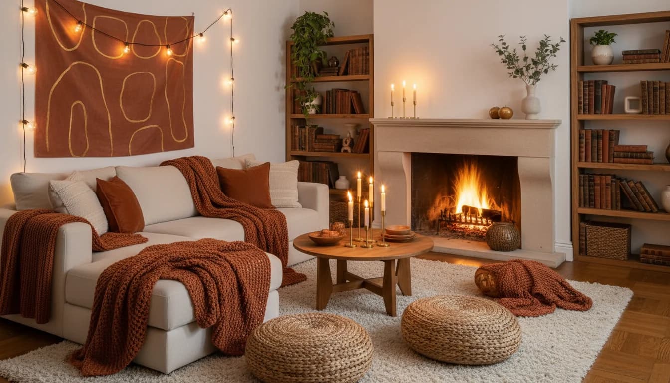 Warm cozy interior decoration with comfortable textures - AI Decoration App